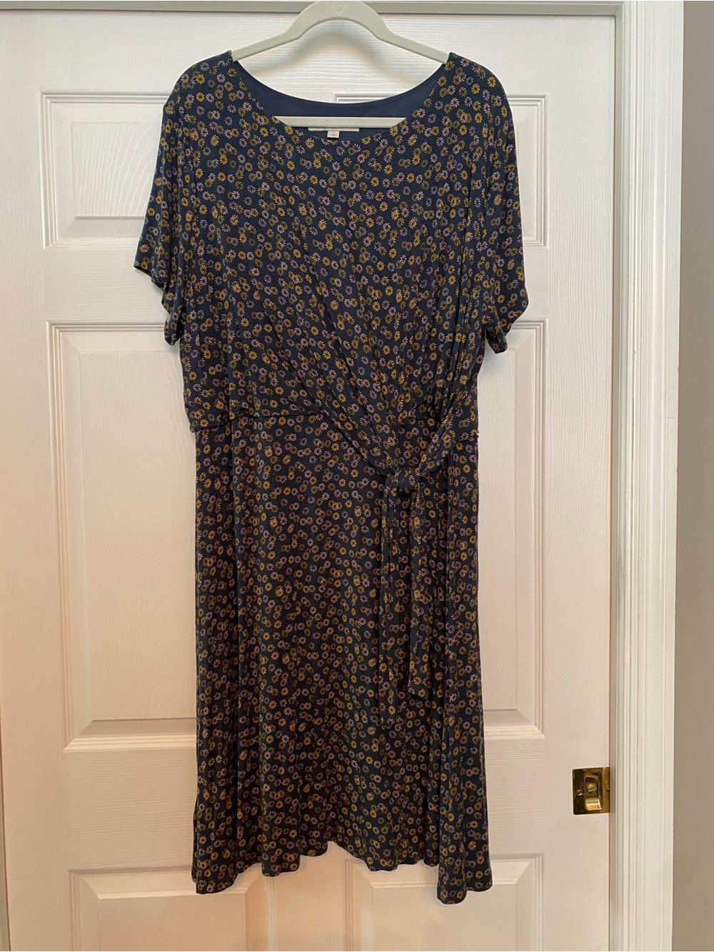 LOFT Navy Midi Dress with Yellow Floral Print and Tie Waist